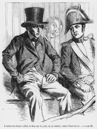 Lucien de Rubempre a Vautrin zatčeni, ilustrace ze Splendeurs et Miseres des Courtisanes od Honore de Balzaca, vydáno 1867 od French School