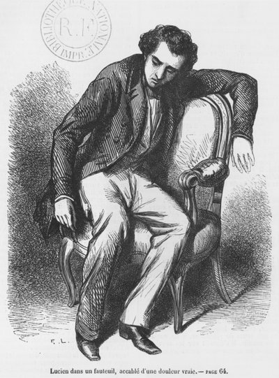 Lucien de Rubempre přemožený smutkem, ilustrace z „Les Illusions perdues“ od Honore de Balzaca od French School