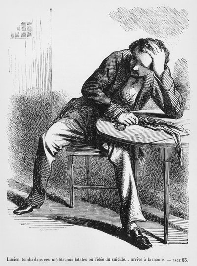 Lucien de Rubempre myslící na sebevraždu, ilustrace ze Splendeurs et Miseres des Courtisanes od Honore de Balzaca, vydáno 1867 od French School