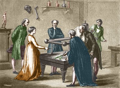 Luigi Galvani, profesor v Bologni, objevil v roce 1780 dráždivost svalů žáby elektřinou - v „Album vědy; věhlasní vědci; Velké objevy “”” 1896. od French School