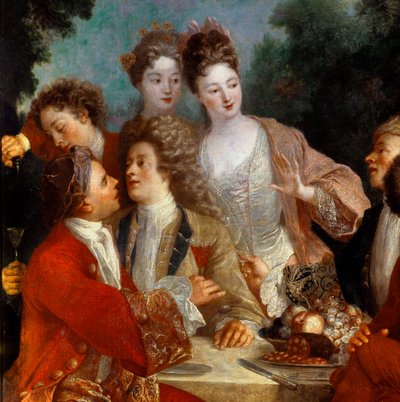 Oběd v Parc Des nobles na venkovském banketu. Detail obrazu francouzské školy 18. století. Orleans Museum of Fine Arts od French School