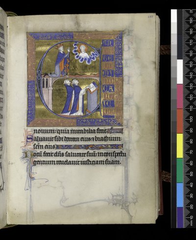 MS 300 f.107r, David se modlí k Bohu (nahoře), dva klerikové (dole), ze Žaltáře a hodin Isabely ve Francii, Paříž, kolem 1265-70 (pero & inkoust a tempera na pergamenu) od French School