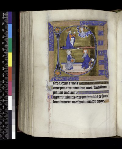 MS 300 f.125v, David se modlí k Bohu (výše); Bůh s koulí a Kristus s knihou sedící na lavici (dole), ze Žaltáře a hodin Isabely Francouzské, Paříž, kolem 1265-70 (pero a inkoust a tempera na pergamenu) od French School