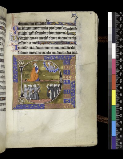 MS 300 f.42r, David se modlí k Bohu v oblacích, ze Žaltáře a hodin Isabely Francouzské, Paříž, kolem 1265-70 (pero, inkoust a tempera na pergamenu) od French School