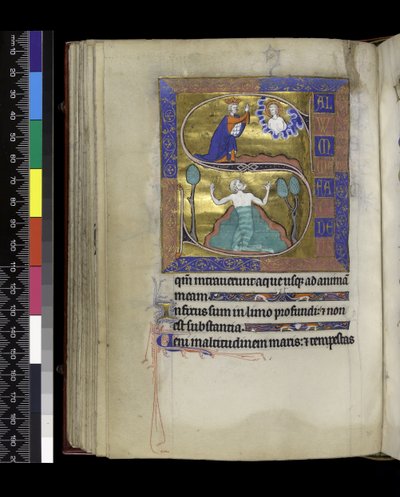 MS 300 f.70v, David se modlí k Bohu (nahoře), David se potápí ve vodě (dole), ze Žaltáře a hodin Isabely Francouzské, Paříž, kolem 1265-70 (pero & inkoust a tempera na pergamenu) od French School