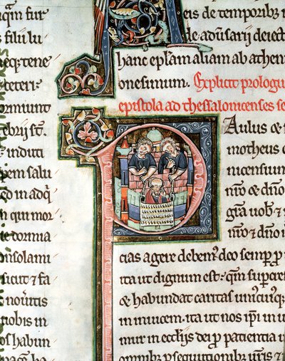 MS 3 Fol. 291v Útěk svatého Pavla z Damašku, iluminované počáteční písmeno P, 13. století, z Bible Avranches od French School