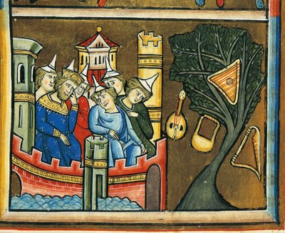 MS CXXXVII fol. 139v, Truchlící Židé v Babylonu, z žaltáře svaté Alžběty (tempera a plátek zlata na pergamenu) od French School