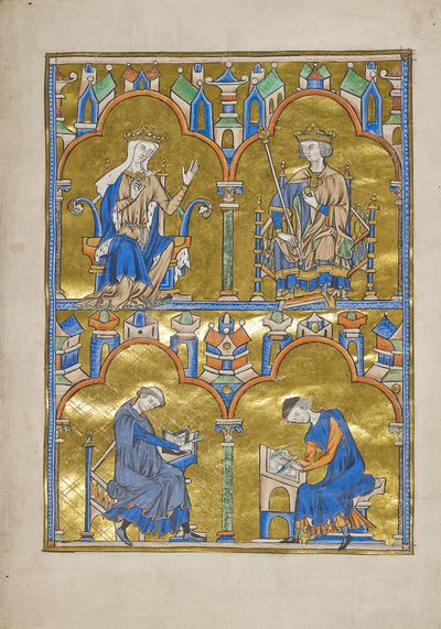 MS M.240 f.8r, Blanche Kastilská a francouzský král Ludvík IX. a níže: Autor diktuje písaři, Bible Saint Louis (Moralizovaná Bible), pravděpodobně Paříž od French School