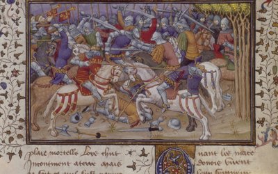 MS Royal 20 B.XX fol.16v Porážka Filipa Pausaniasem, s rytíři na koních v boji, z „La Vraye Histoire du Bon Roy Alixandre“ od Pseudo-Callisthenes, počátek 15. století (vellum) od French School