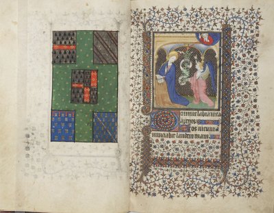 MS Widener 4, ff.26v-27r, Erb a Zvěstování, z Knihy hodin, použití Rennes, cca 1405 (pero, inkoust a tempera na pergamenu) od French School