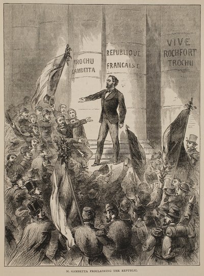 M. Gambetta vyhlašuje republiku, září 1870, ilustrace z Cassellse Historie války mezi Francií a Německem, 1870-1871 od French School