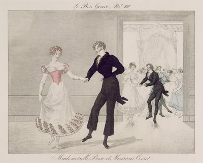 Mademoiselle Busc a Monsieur Corset, deska 111 od le Bon Genre, cca 1810 (barevná rytina) od French School