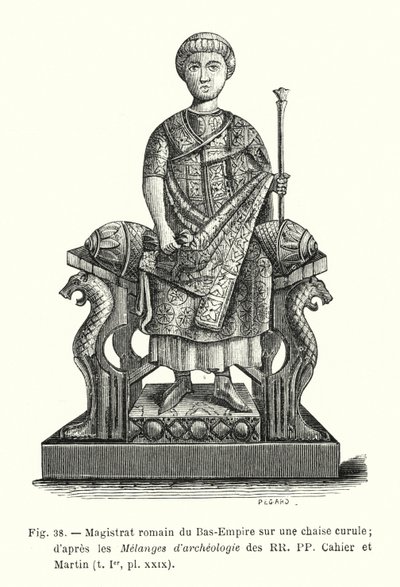 Římský rychtář Dolní Říše na křesle Curule; podle Melanges d