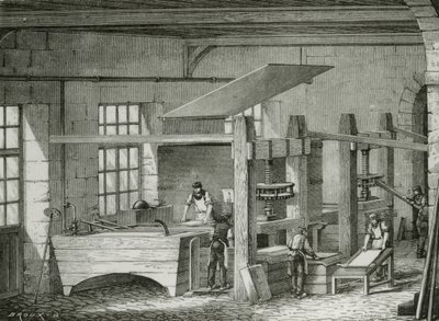 Ruční výroba papíru proséváním buničiny do forem. Rytina c1870. od French School