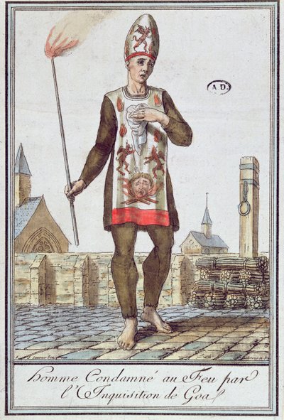 Muž odsouzený inkvizicí v Goa k upálení na hranici, konec 18. století (barevná rytina) od French School