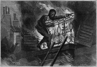 Muž oblečený v nehořlavém obleku, zachraňující dítě před požárem. Gravírování v "" přírodě. Vědecký časopis a jeho aplikace v umění a průmyslu. od French School