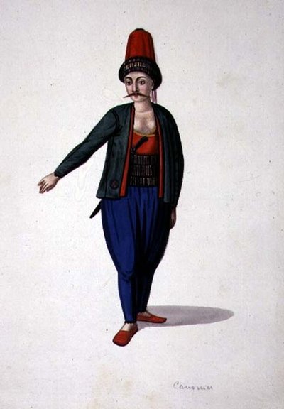 Muž s dýkou, osmanské období, třetí čtvrtina 18. století (akvarel na papíře) od French School