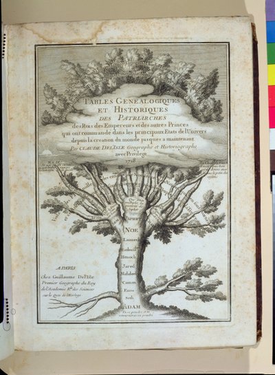 Rodokmen lidstva, frontispice pro Tables Genealogiques et Historiques des patriarches, des Rois, des Empereurs od Claude Delisle (1644-1720), vydáno v Paříži, 1718 od French School