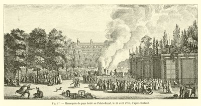 Papežská figurína upálená v Palais-Royal, 16. dubna 1791, podle Bertaulta od French School