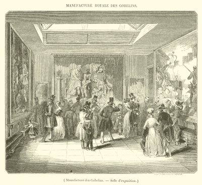 Manufacture des Gobelins, výstavní místnost (rytina) od French School