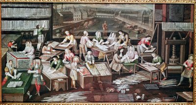 Výroba hracích karet v domě na náměstí Dauphine (design pro fanouška, kvaš na papíře, cca 1680) od French School