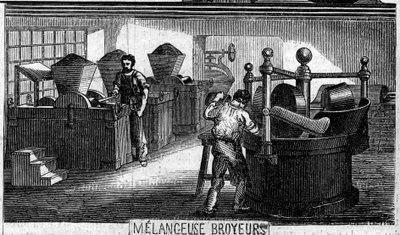 Výroba čokolády: melanž a mlecí stroje. Usine de M. Masson, Paříž od French School
