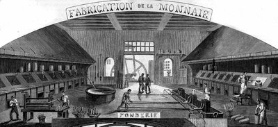 Výroba peněz: slévárna. Rytina v „Le Monde Illustré““ č. 145 z 21. ledna 1860. od French School