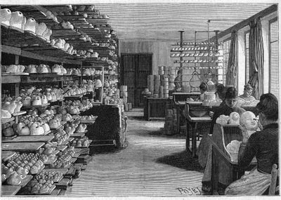 Výroba montreuilských panenek v roce 1888. Místnost pro sušení hlav panenek před vařením a dekupáž očí. od French School