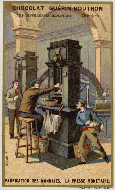Výroba mincí. Lis na mince (chromolitho) od French School