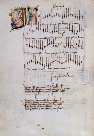 Rukopisná stránka sbírky partitur francouzských písní. 15. století. Dijon, Městská knihovna od French School