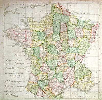 Mapa Francie zobrazující plány na rozdělení departementů, 1789 (barevné lito a inkoust) od French School