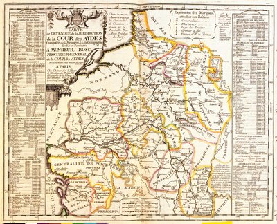 Mapa francouzských území pod daní, 1709, z Le Theater du Monde od Jean-Baptiste Nolina, vydáno 1717 (ručně kolorovaná rytina) od French School