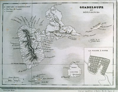Mapa Guadeloupe a jeho závislostí. Rytina 19. století. Chartres, Muzeum výtvarných umění od French School