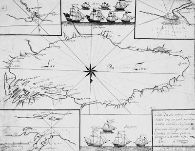 Mapa jezera Ontario s anglickou a francouzskou flotilou od French School