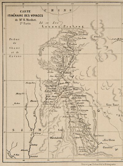 Mapa Laosu a řeky Mekong zobrazující trasu plavby Henriho Mouhota, ilustrace z Cesty po centrálních částech Indočíny (Siam), Kambodži a Laosu v letech 1858, 1859, a od French School