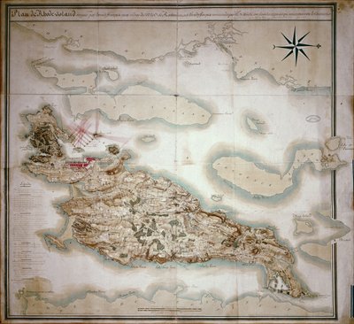 Mapa Rhode Island v době jeho okupace 1780-81 francouzskou armádou na příkaz Jean-Baptiste de Vimeur (1725-1807) hraběte z Rochambeau od French School