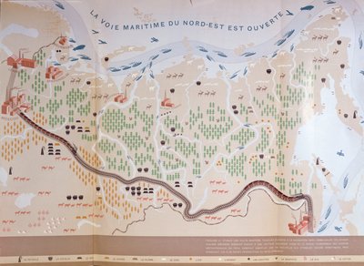 Mapa Sibiře zobrazující obrovské přírodní zdroje oblasti a námořní cestu, která by otevřela obchod, 1933 od French School