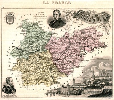 Mapa Tarn-et-Garonne s výhledem na Montauban a portréty Ingrese a Jean Parisot de La Valette (barevné lito) od French School