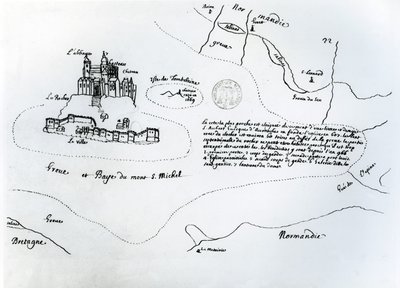Mapa zálivu Mont Saint-Michel (pero a inkoust na papíře) od French School