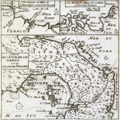 Darienin kannaksen ja Panamanlahden kartta Guillaume Dampierin (William Dampier) ""Uusi matka maailman ympäri"" od French School