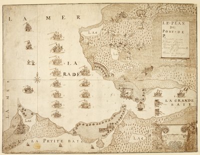 Mapa přístavu Placentia, Kanada (pero a inkoust na papíře) od French School
