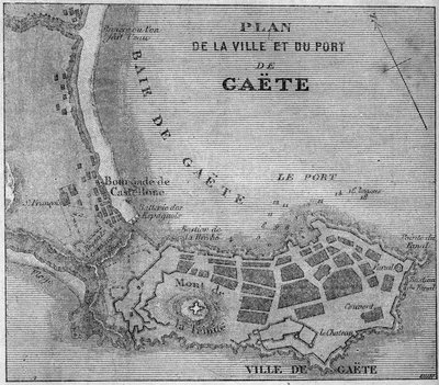 Mapa města a přístavu Gaete (Gaeta), Itálie od French School