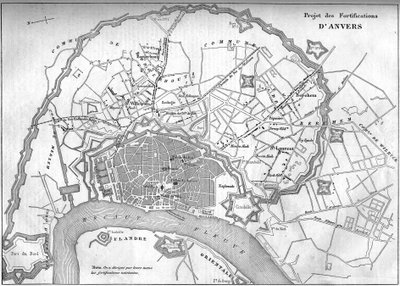 Mapa města Antverpy (Belgie) v roce 1859; představující projekt nového opevnění. Rytina v „“ Le Monde Illustré““ č. 128 z 24. září od French School