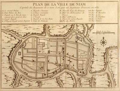 Mapa města Siamu, hlavního města stejnojmenného království, podle průzkumu francouzského inženýra z roku 1687, publikovaná ve vydání Histoire Generale des Voyages Antoina Prevosta z roku 1751. od French School