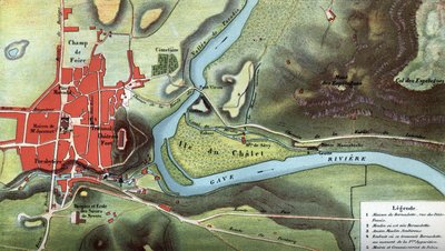 Mapa země Lurdy v roce 1858, rok vizí Bernadette Soubirousové: ukazuje polohu jejího domu a jeskyně. Vysoké Pyreneje (65). Chromolitografie v „“ Notre Dame de Lourdes”” od Henriho Lasserra od French School