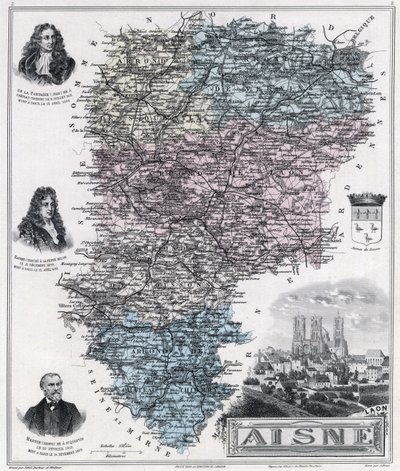 Mapa departementu Aisne (rytina 1889) od French School