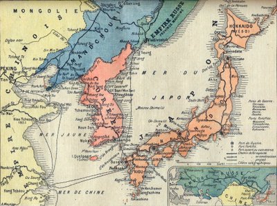 Mapa divadla rusko-japonské války. Mapa válečného divadla Rusko-japonská válka (Japonská ruská válka) - ilustrace pro Le petit Journal, 28. února 1904 od French School