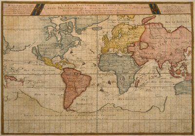 Mapa zobrazující světové obchodní lodní trasy, kartografie Pierra Duvala (1619-83) vydaná v roce 1686, Paříž (barevná rytina) od French School