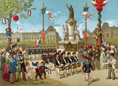 Pochod školních praporů 14. července 1883 na Place de la Republique od French School