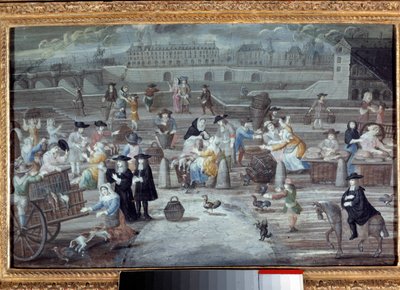 Pochod drůbeže a chleba, quai des Grands Augustins v Paříži v roce 1660. Anonymní francouzská malba od French School